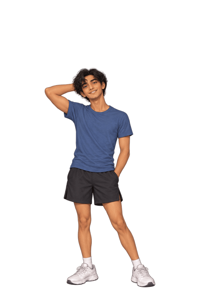 The Easygoing Rookie, Standard stage. Young, curly black hair, slate-blue tee, black shorts, hand behind head and hand in pocket